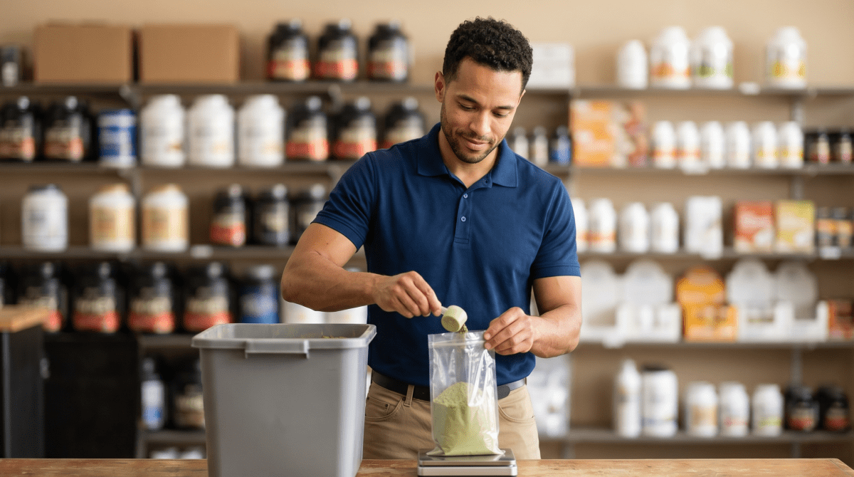 Sports nutrition store owner helping a customer choose supplements at a health and wellness retail store