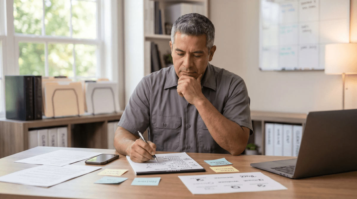 Storage unit organizing owner brainstorming business name ideas