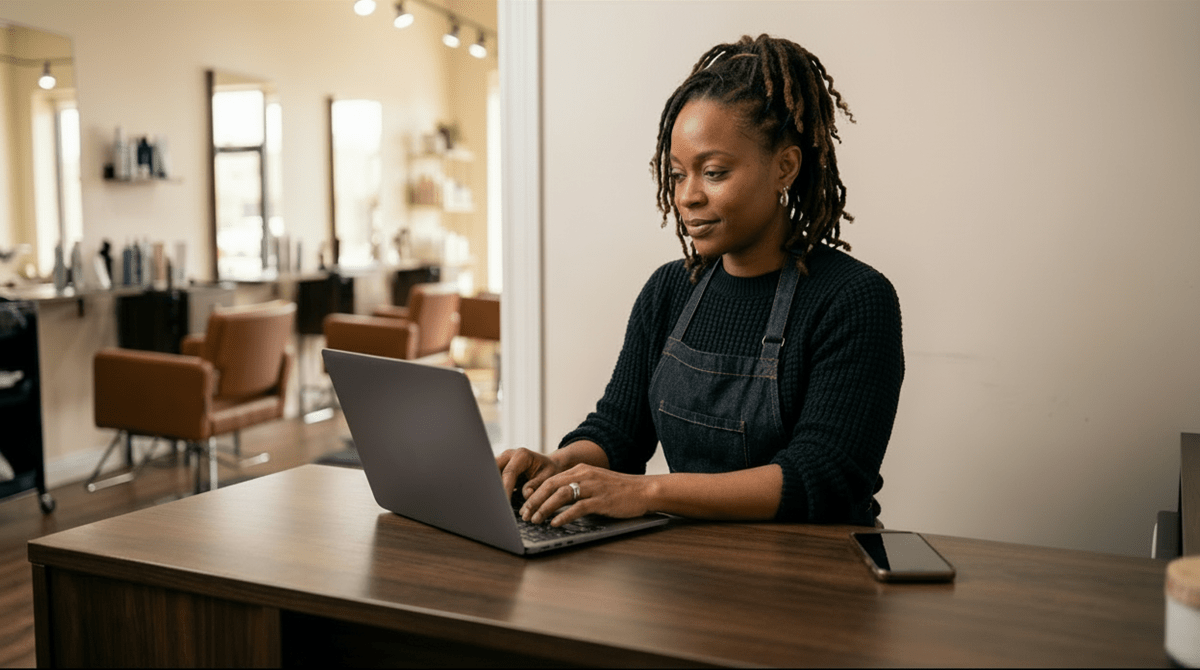 Stylist registering a hair salon as an LLC on a laptop