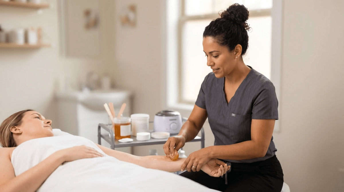 Sugaring hair removal esthetician performing a treatment on a client