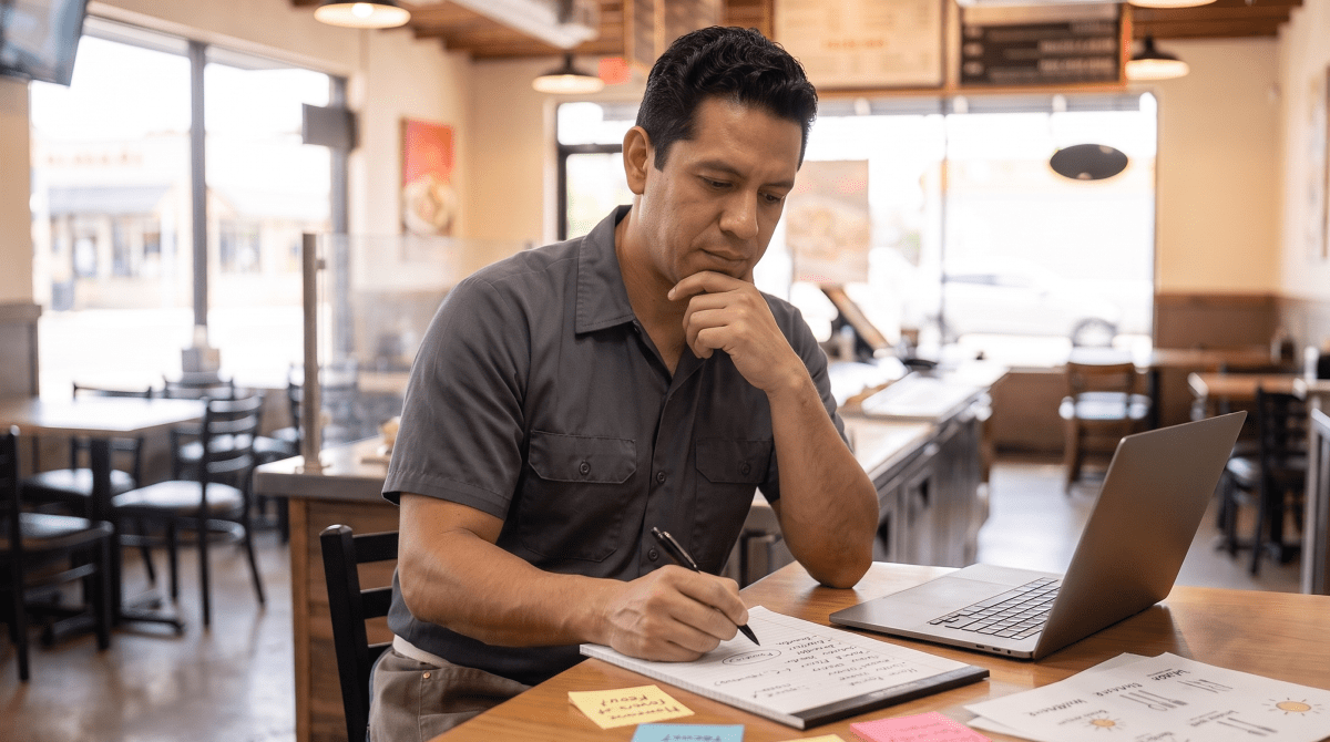 Taco shop owner brainstorming business name ideas