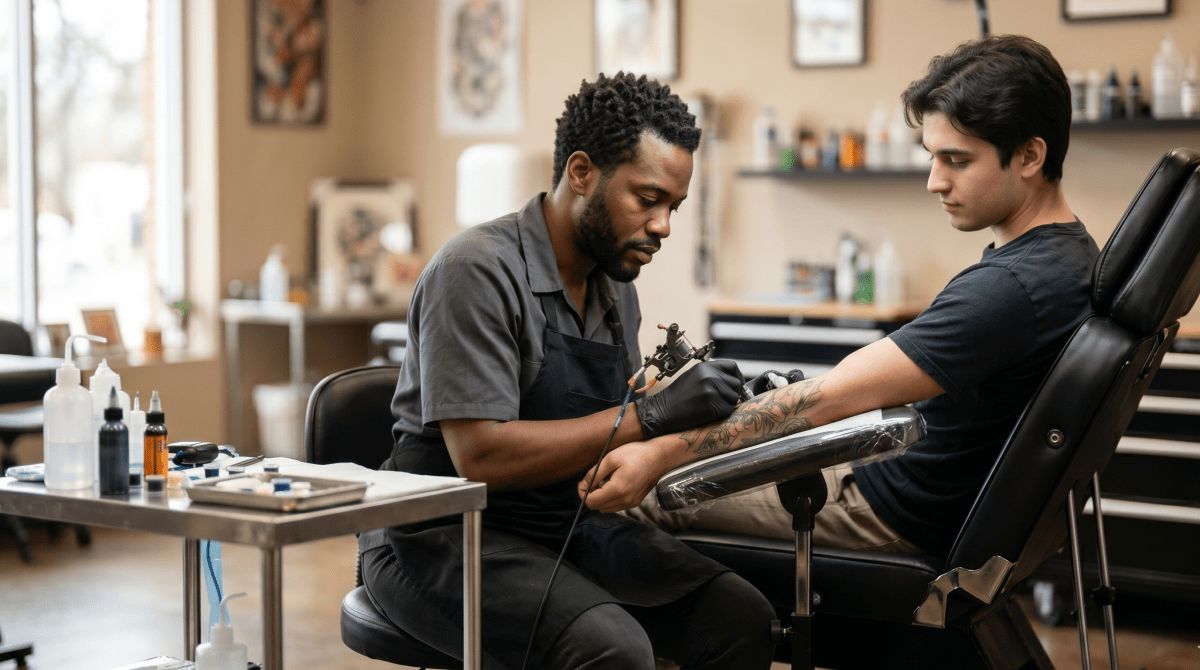 Tattoo studio owner tattooing a client at a professional tattoo and body art business