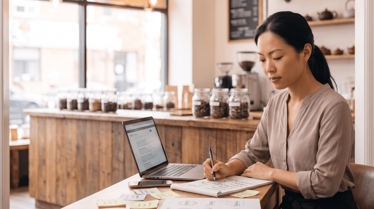 Tea shop business owner brainstorming business name ideas