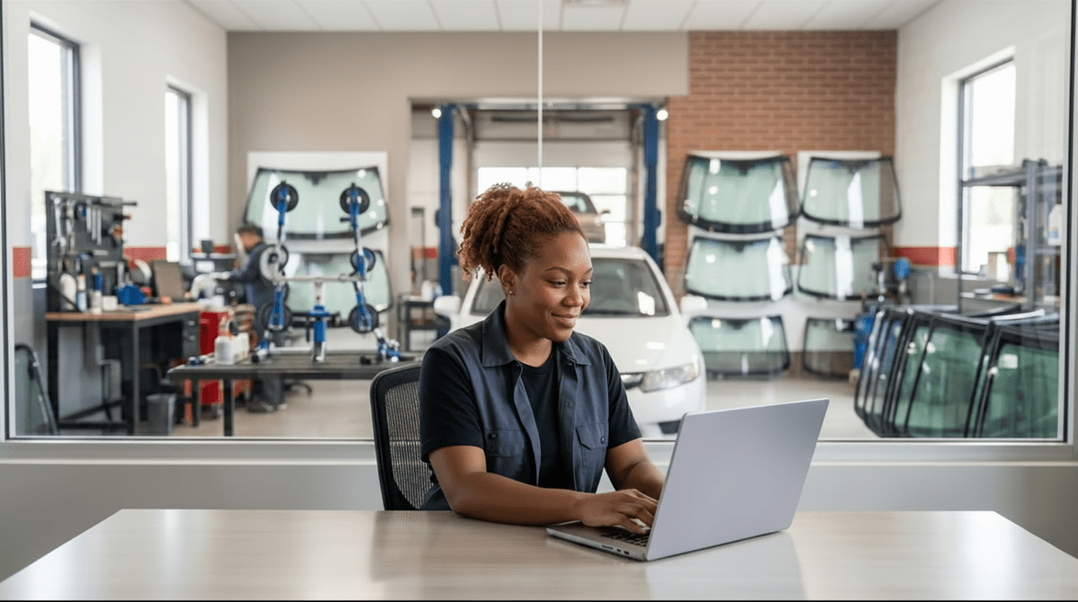 Technician registering a windshield repair business as an LLC from desk