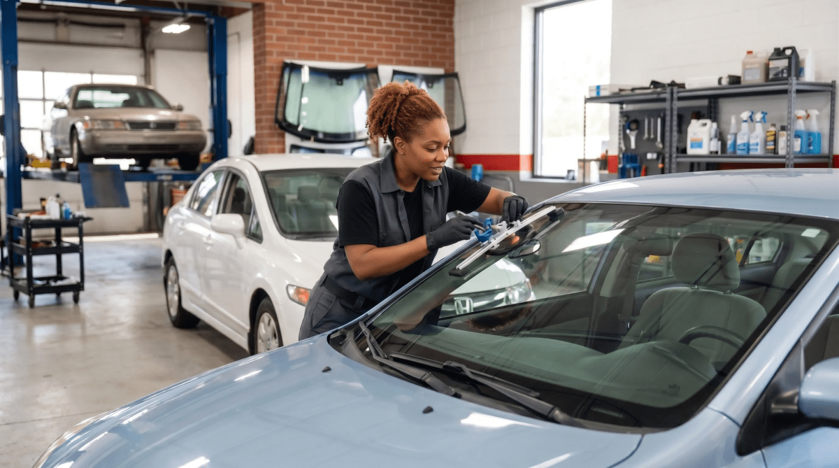 Windshield repair business owner providing a mobile repair service in the clients driveway