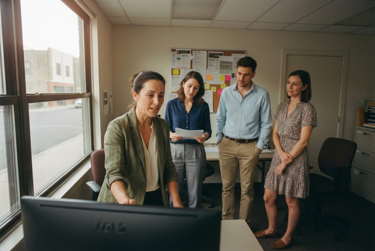 Temp agency business owner and team reviewing staffing placements and candidate profiles in an office