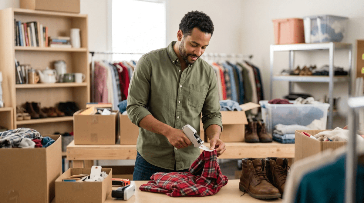 Thrift store owner checking out a customer purchasing secondhand items at the register
