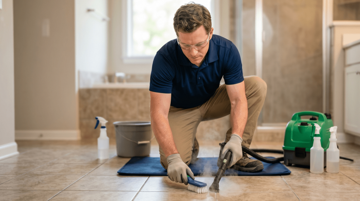 Cleaning tile and grout with equipment on a floor