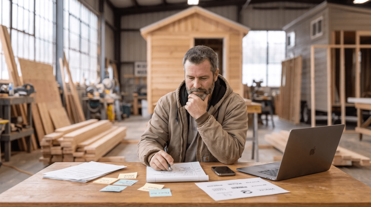 Tiny home builder owner brainstorming business name ideas