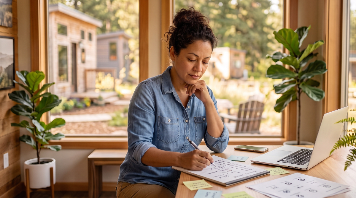 Tiny home resort owner brainstorming business name ideas