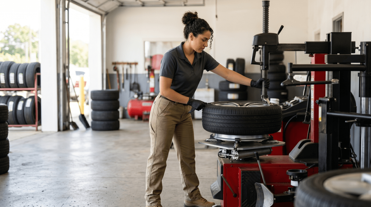 Tire shop owner working on tires at an automotive tire sales and repair business