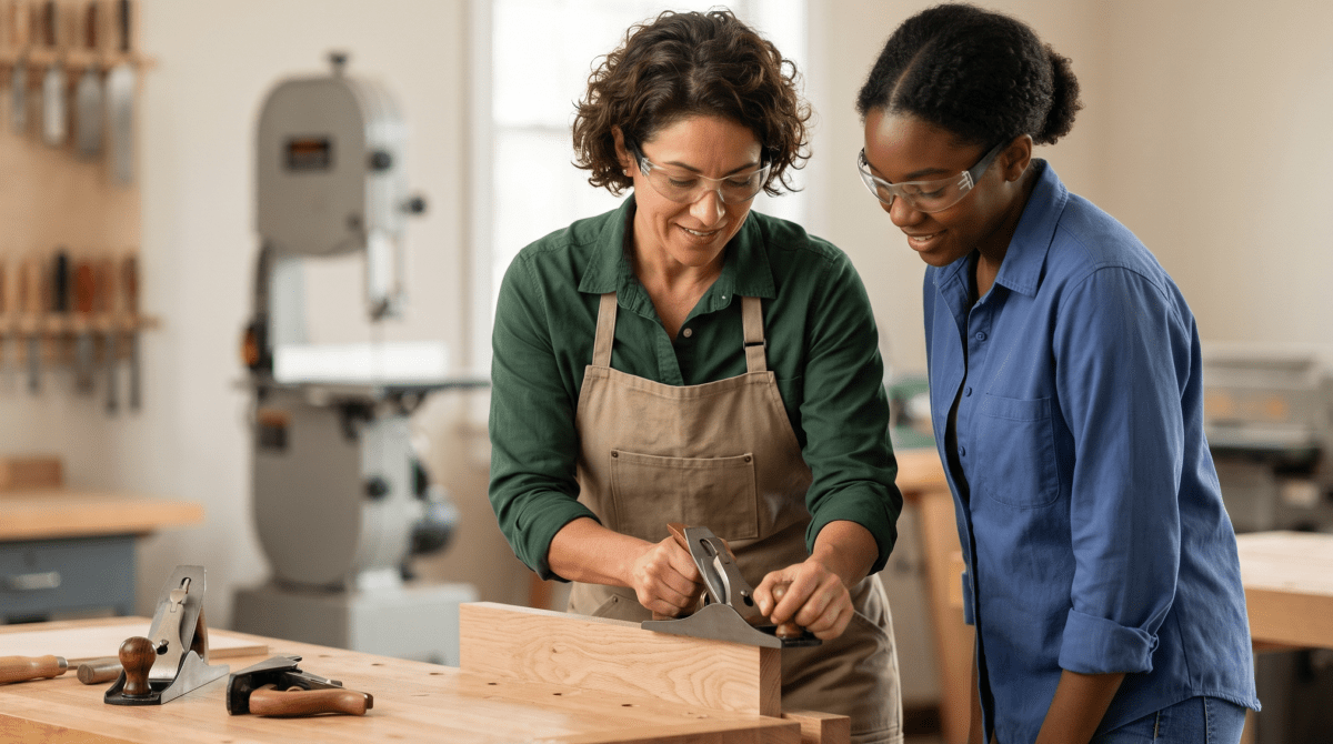 Trade skills school owner teaching a hands-on vocational and trade skills class