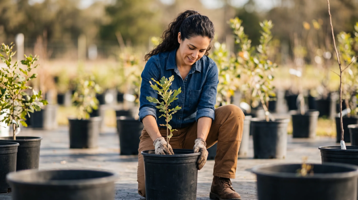 Tree nursery owner caring for saplings at a commercial tree nursery and landscaping business