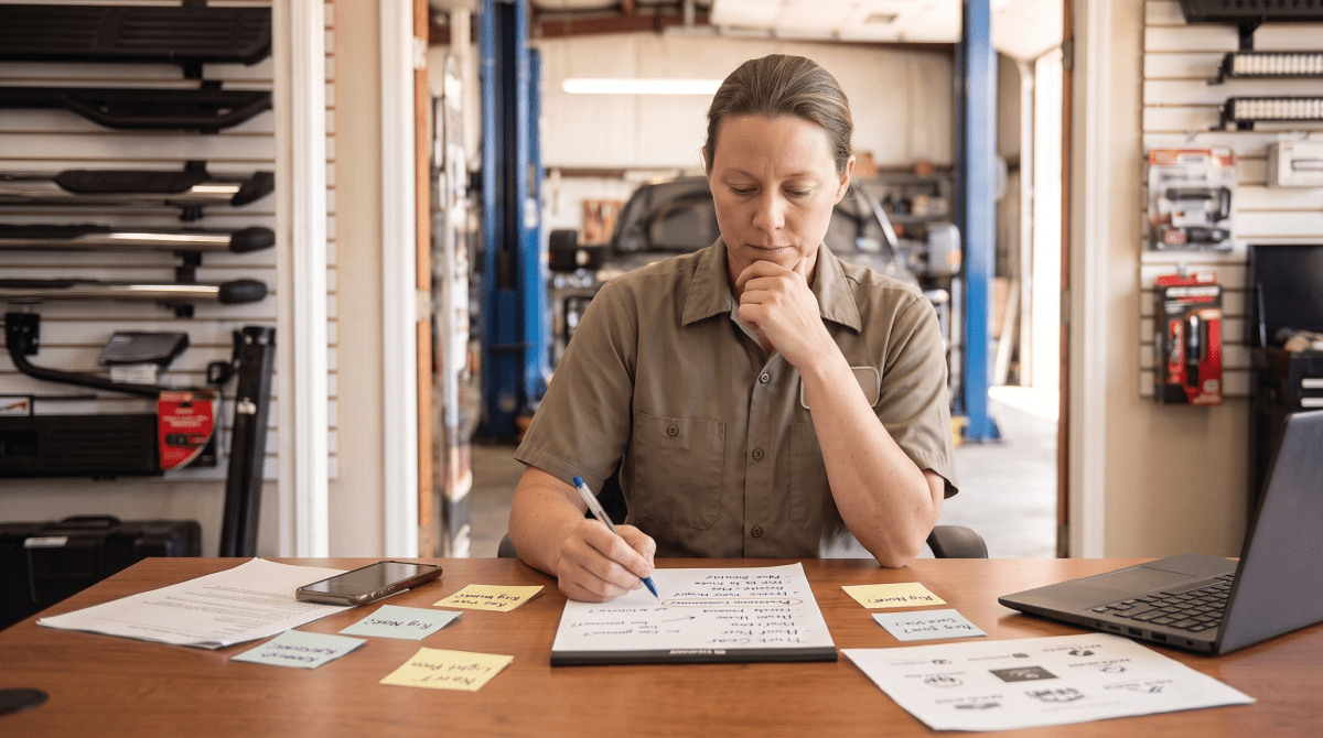 Truck accessories shop owner brainstorming business name ideas