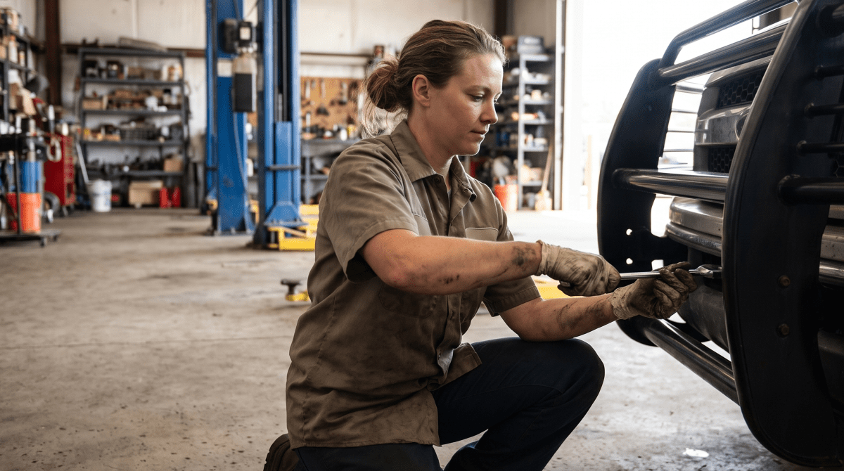 Truck accessories shop owner arranging aftermarket parts in a retail showroom