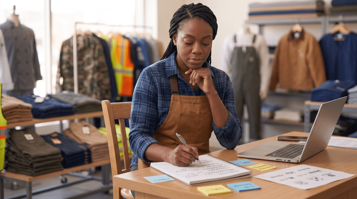 Uniform and workwear store owner brainstorming business name ideas