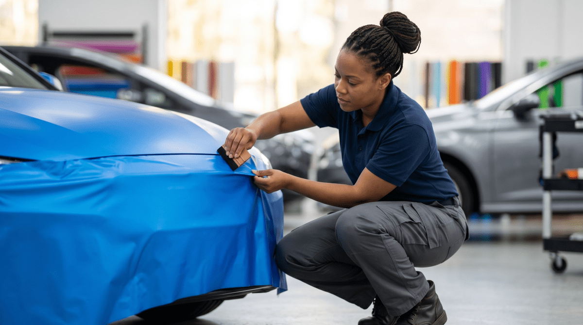 Vehicle wrap specialist wrapping a car for a custom vehicle graphics and branding business