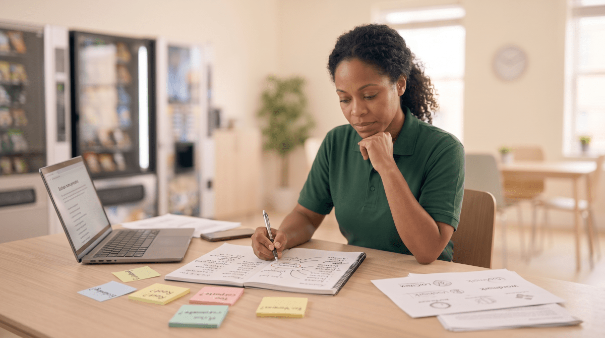 Vending machine business owner generating business name ideas for a startup