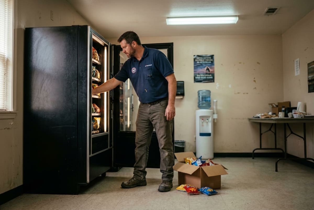 Vending machine route business owner restocking and servicing machines on a regular route