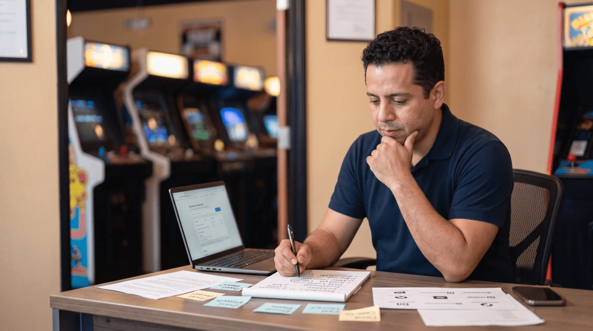Video game arcade owner brainstorming business name ideas