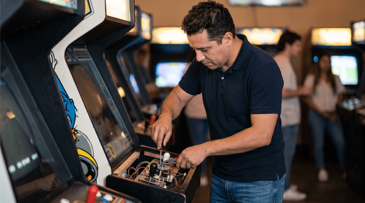 Video game arcade owner running a video game arcade
