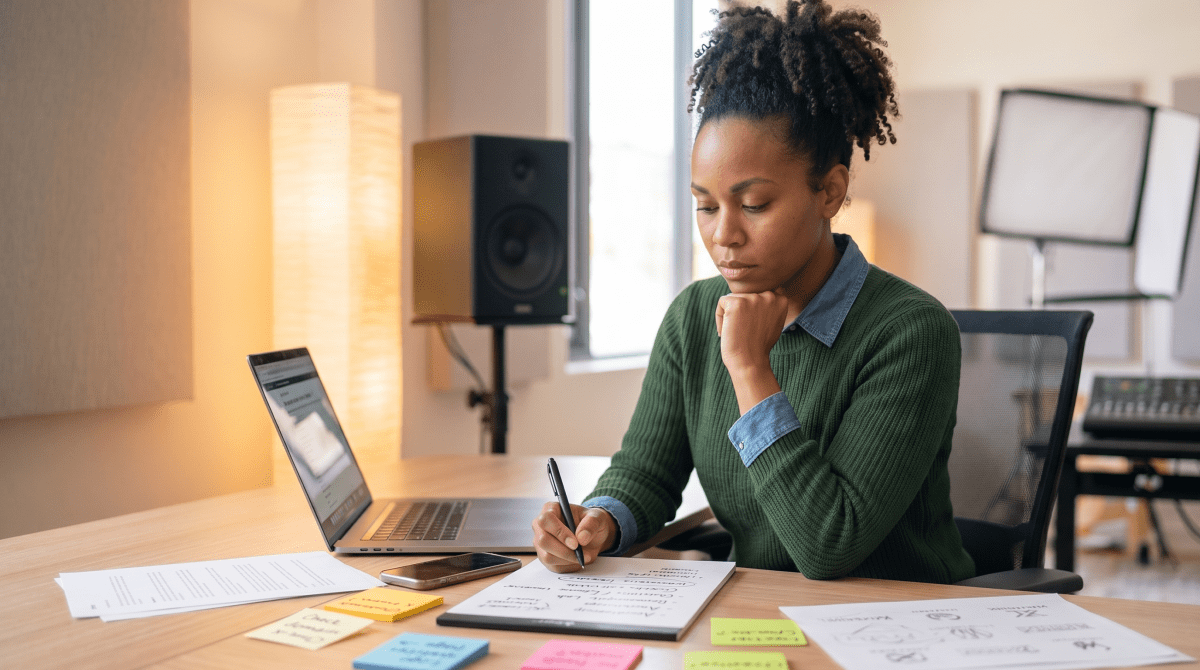 Video marketing agency owner reviewing LLC name ideas