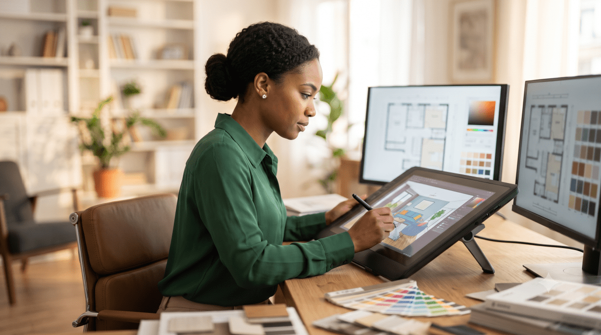 Virtual interior design business owner designing an interior remotely