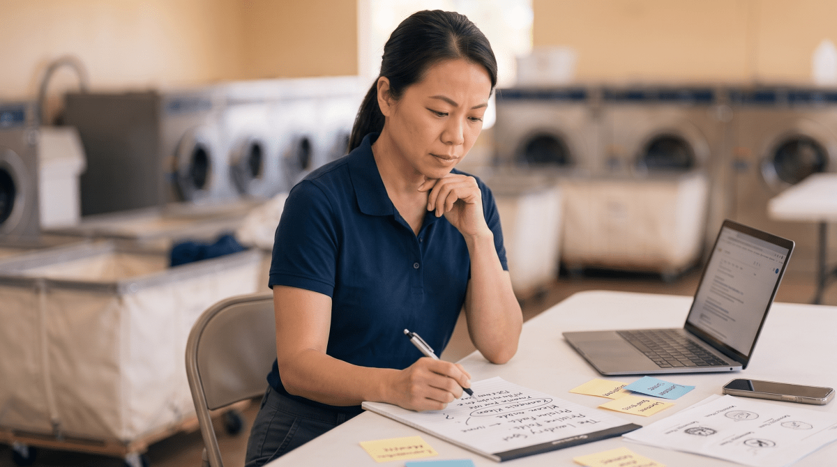 Wash and fold laundry owner brainstorming business name ideas