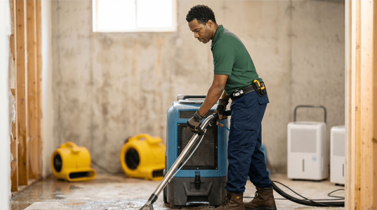 Water damage restoration specialist restoring a water-damaged home for a disaster recovery business