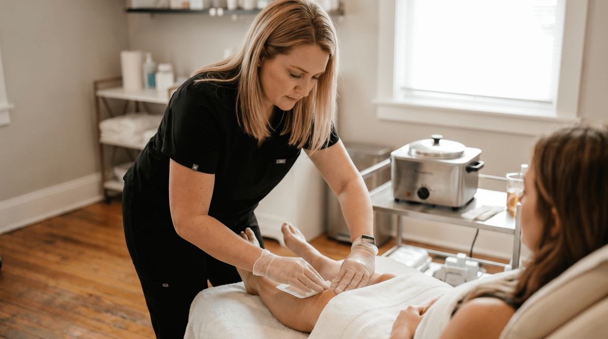 Waxing salon esthetician preparing a treatment for a client