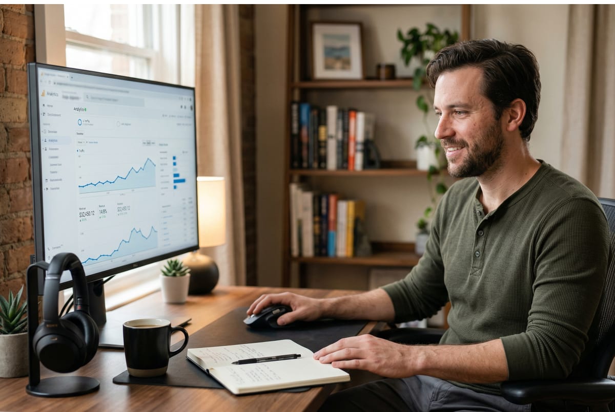 Website flipping business owner analyzing and improving a website for resale on a computer