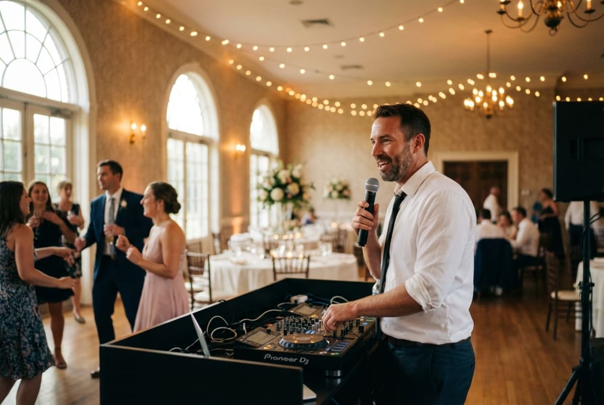 Wedding and event DJ setting up equipment and mixing music for a live celebration