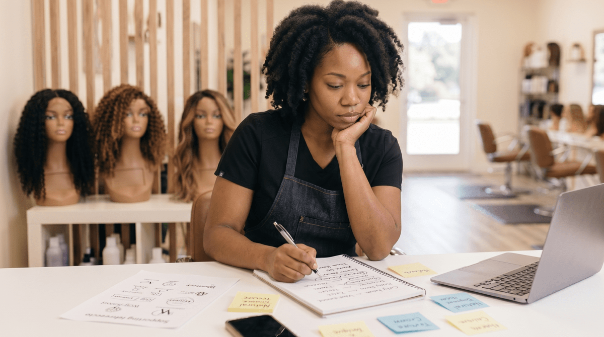 Wig salon owner brainstorming business name ideas