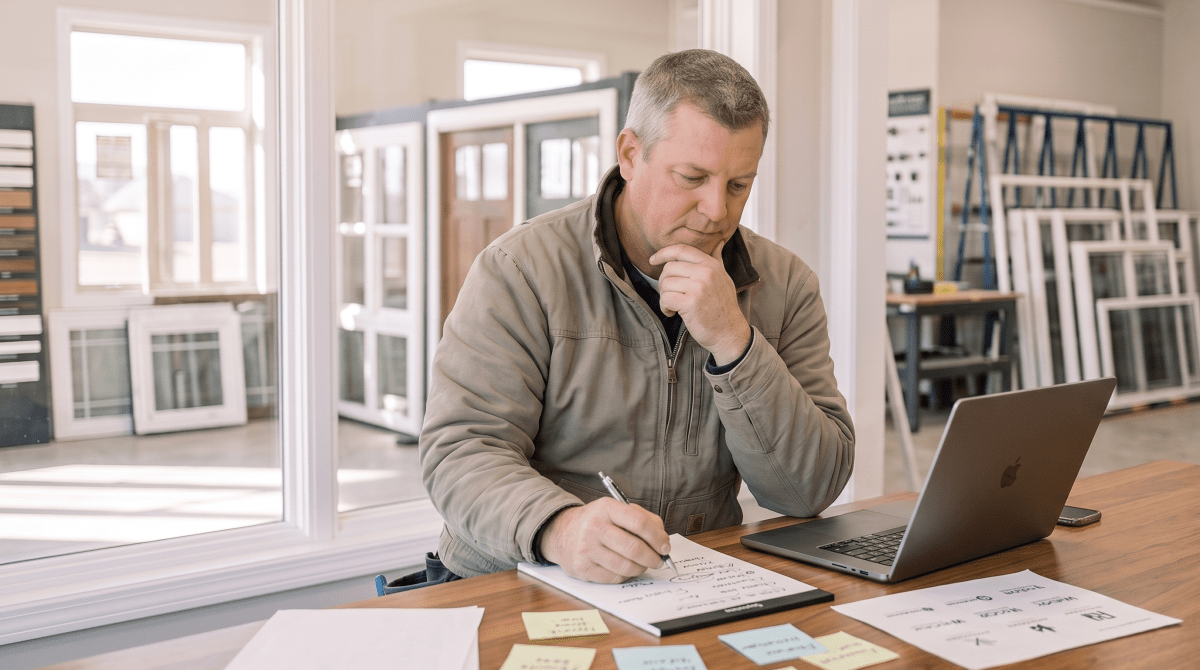 Window and door installation owner brainstorming business name ideas