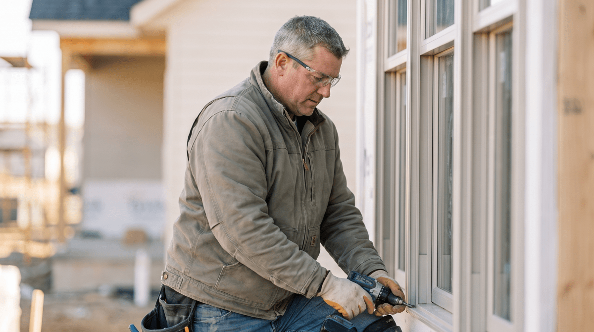 Window and door installation business owner installing a window