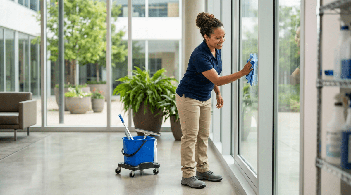 Window cleaning business owner washing and squeegeing windows on a residential or commercial property