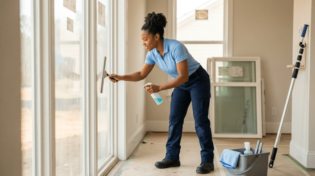 Window cleaning professional cleaning large windows at a post-construction job site