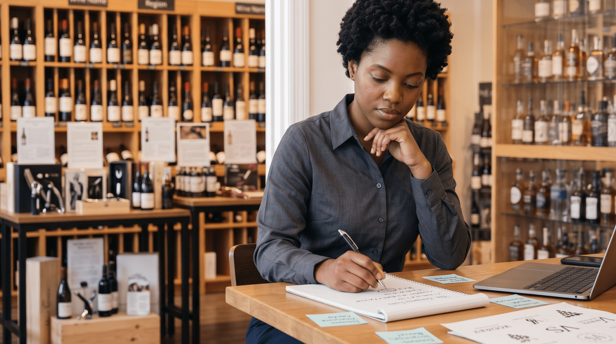 Wine and spirits shop owner brainstorming business name ideas
