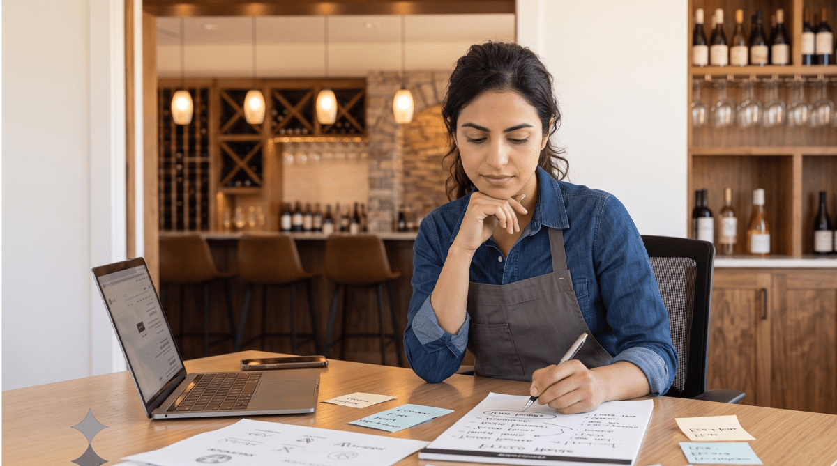 Wine bar business owner brainstorming business name ideas