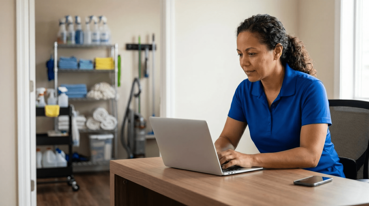 Cleaning service business owner reviewing paperwork while forming an LLC