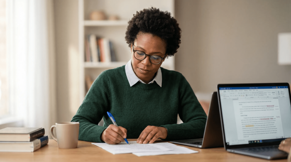 Copy editing and proofreading service business owner and editor reviewing written content