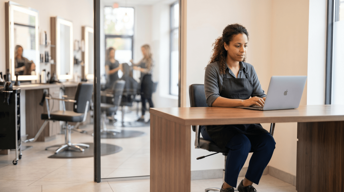 Hairdresser registering a salon business as an LLC on a laptop
