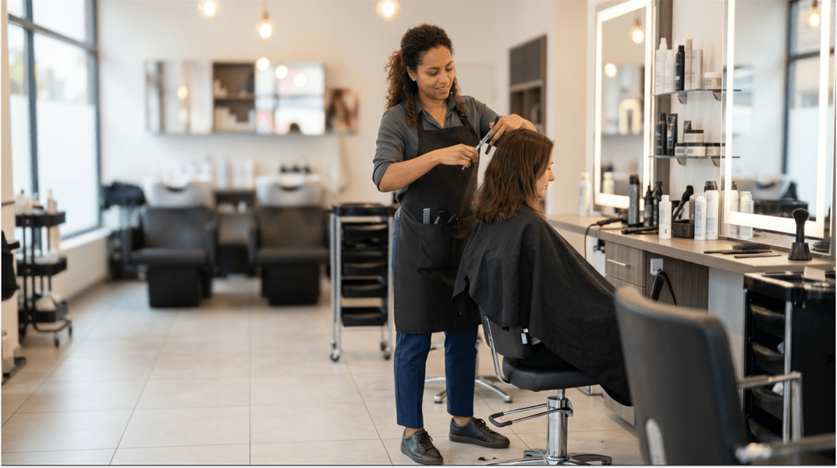 Professional hairdresser cutting and styling a client's hair at a hair salon