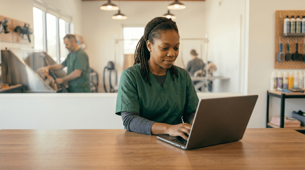 Woman registering a dog grooming business as an LLC from home office