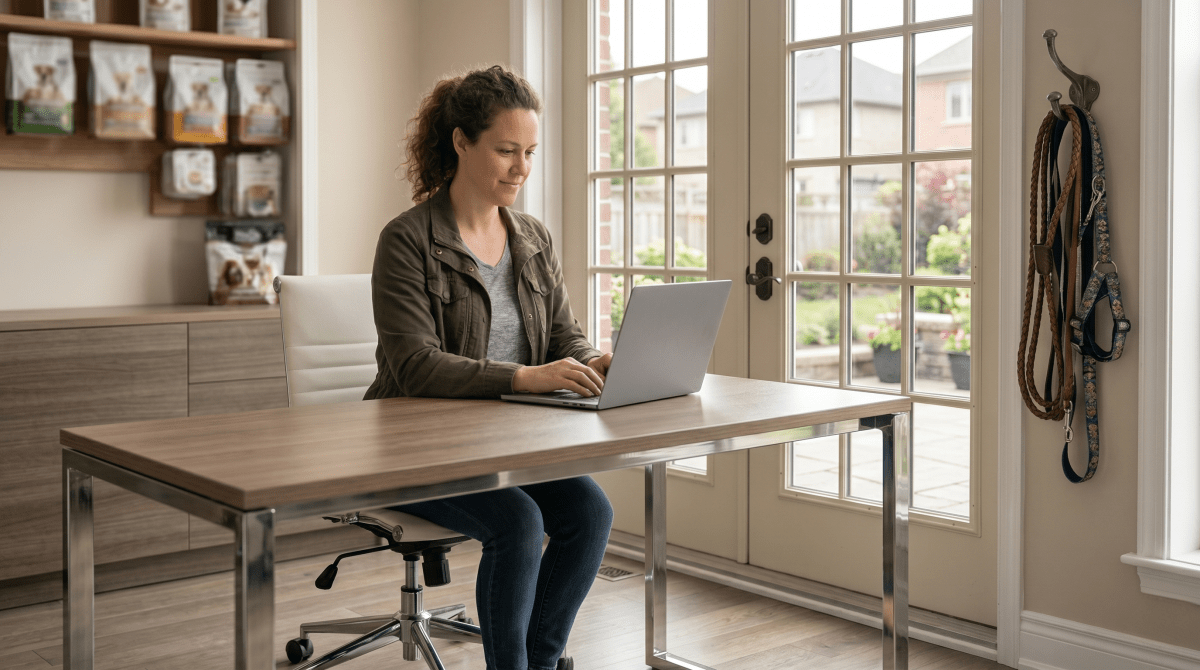 Woman registering a dog walking business as an LLC on a computer