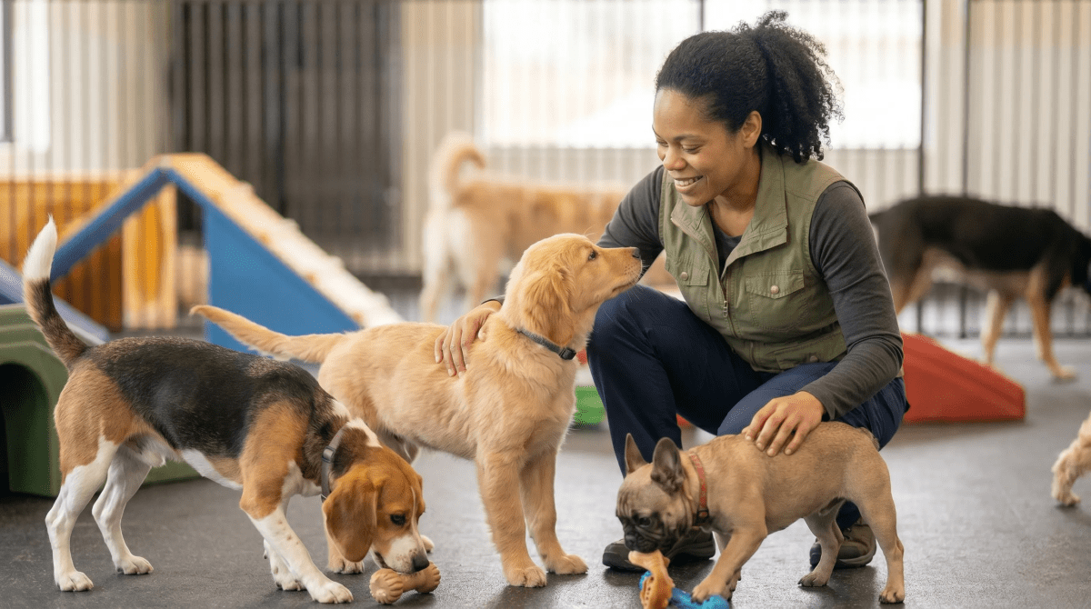 Dog daycare business owner laughing and playing with dogs in an indoor facility