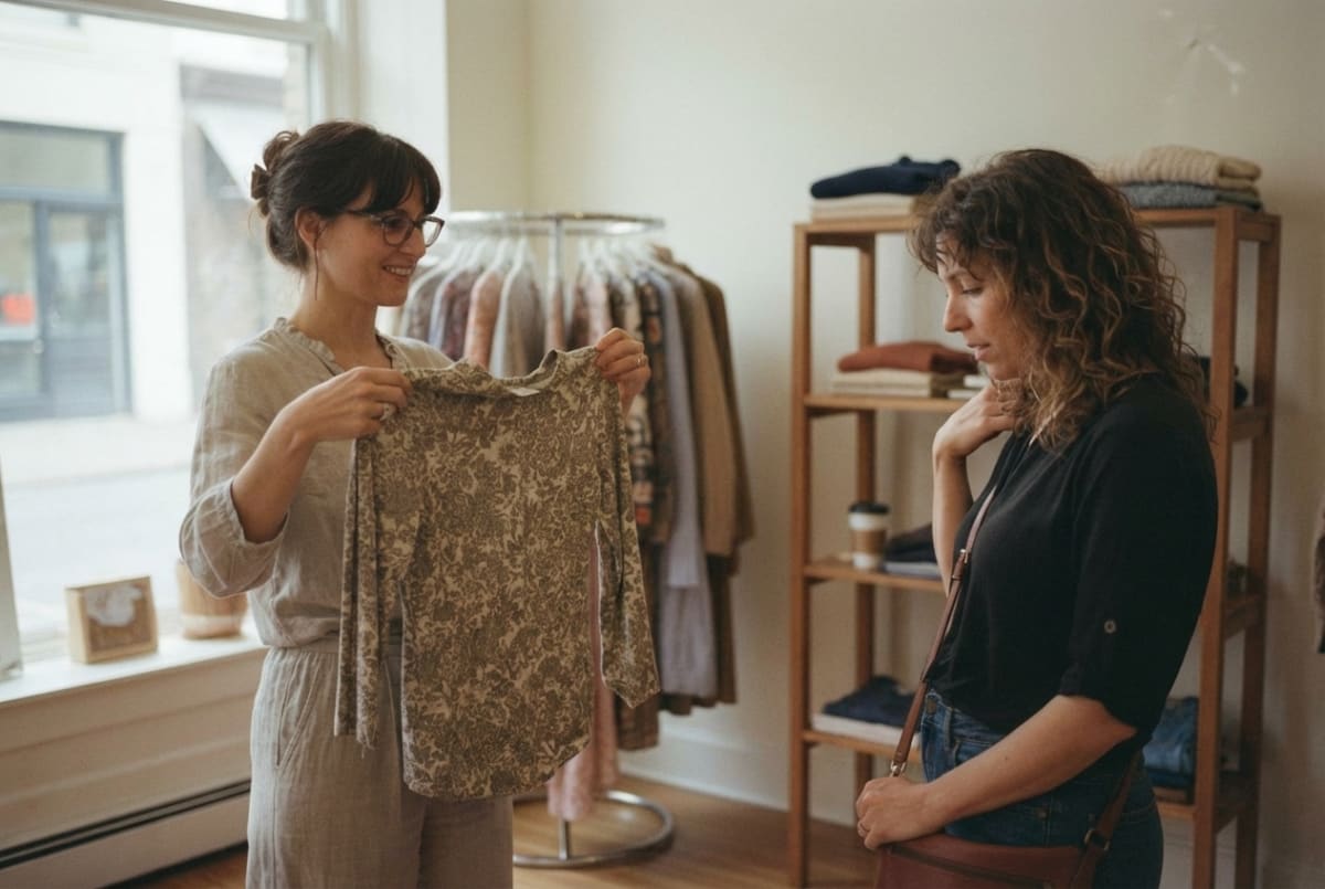 Women's clothing boutique owner helping a client select outfits on the shop floor