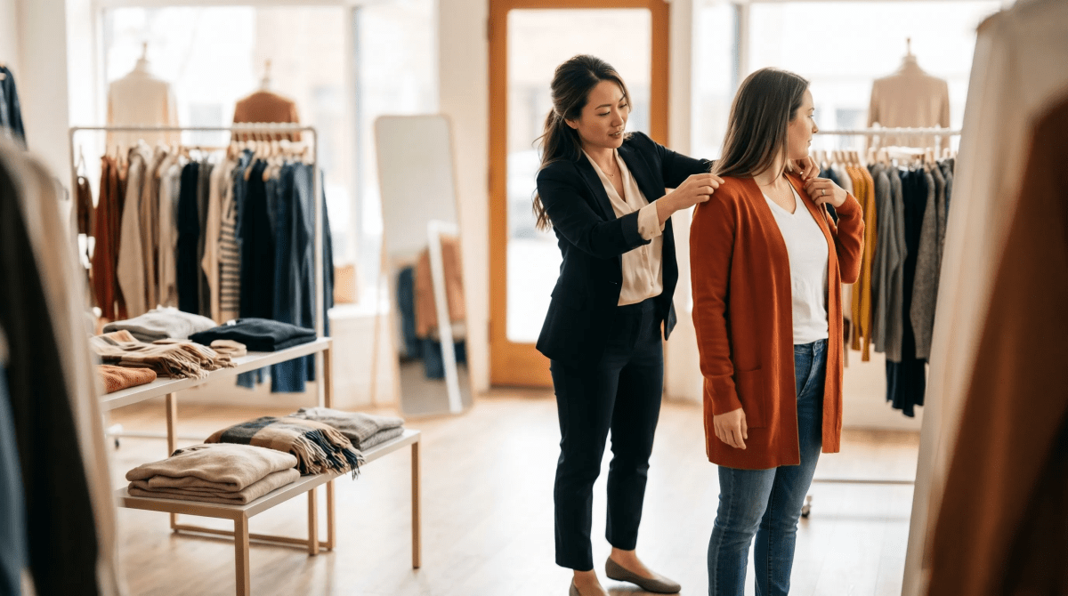 Women's clothing boutique owner helping a client select outfits on the shop floor
