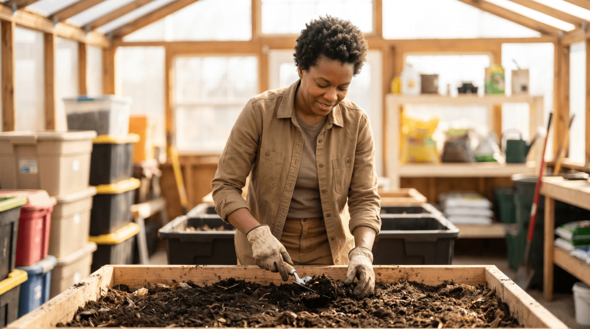 Worm farm owner managing compost worms for a vermiculture and organic composting business