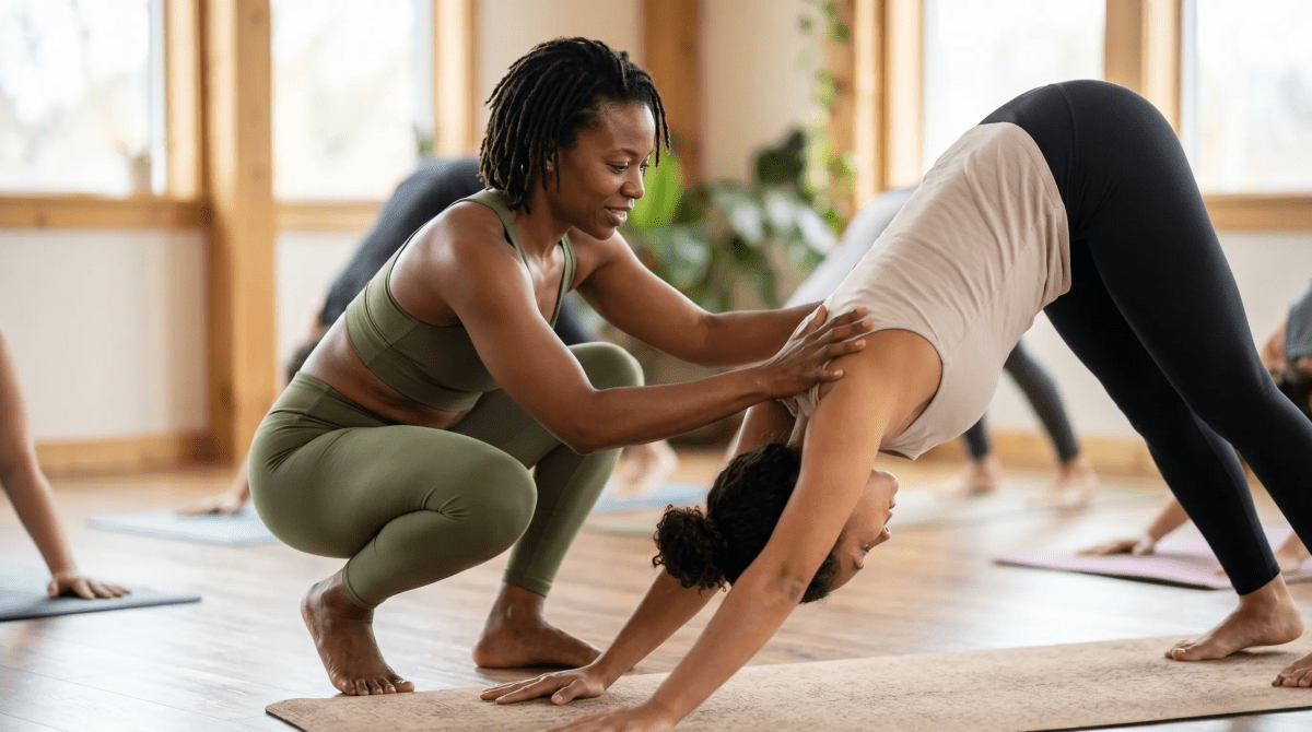 Yoga studio business owner in her yoga studio teaching a yoga class